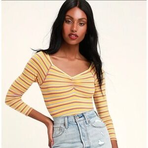 Free People Ribbed Striped Bodysuit V Neck Cinched Front Long Sleeve